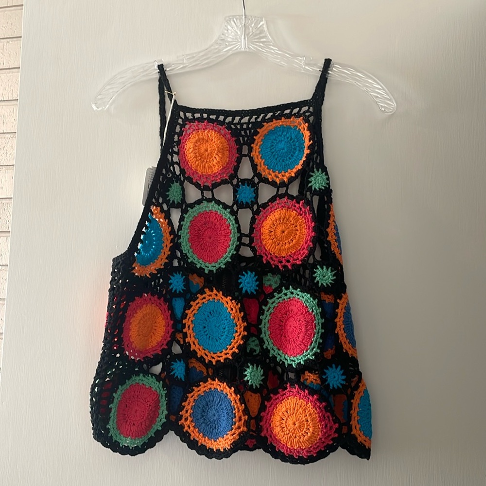 Free People Black Crochet Tank with Multicolor Circular Accents
